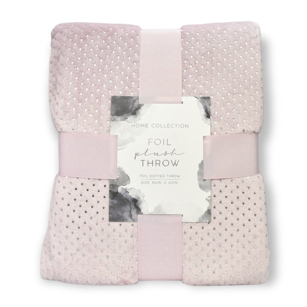 Pink Flannel Silver Foil Dotted Plush Throw 50"x60" Super Soft Home Collection